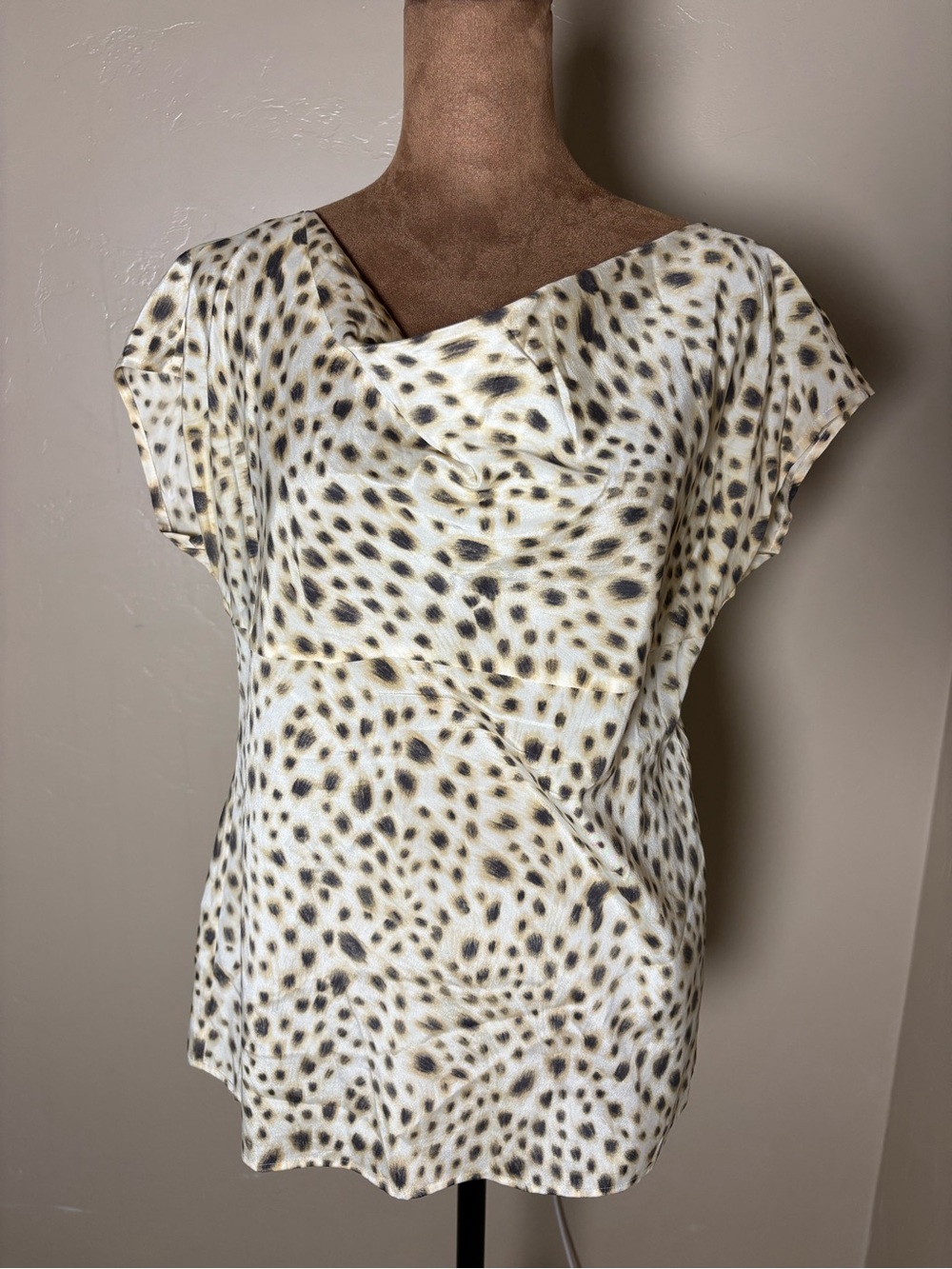 Ann Taylor Silk Cream Leopard-Spot Draped Neck Blouse